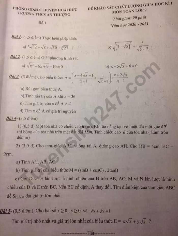 Đề thi giữa học kì 1 lớp 9 môn Toán Trường THCS An Thượng năm 2020