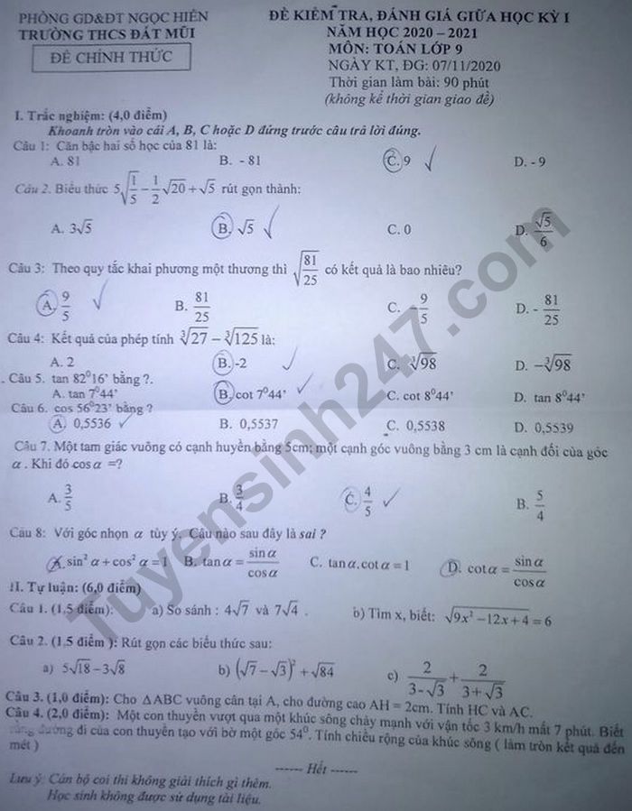 Đề kiểm tra giữa kì 1 năm 2020 môn Toán lớp 9 Trường THCS Đất Mũi