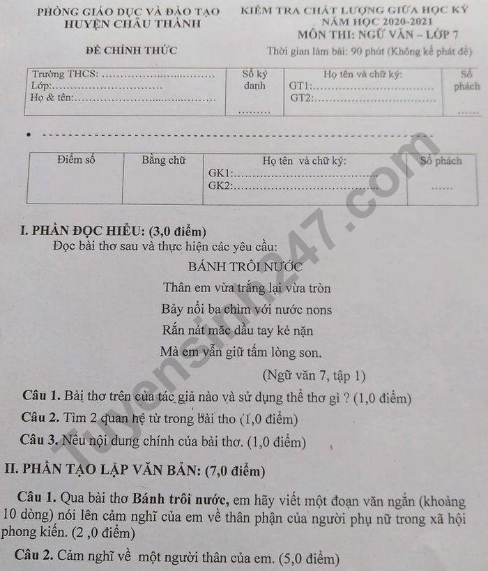 Đề kiểm tra giữa HK1 năm 2020 Văn lớp 7 Phòng GD Châu Thành 