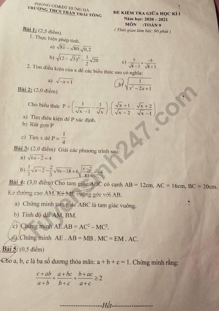 Đề kiểm tra giữa HK1 năm 2020 THCS Trần Thái Tông Toán lớp 9 