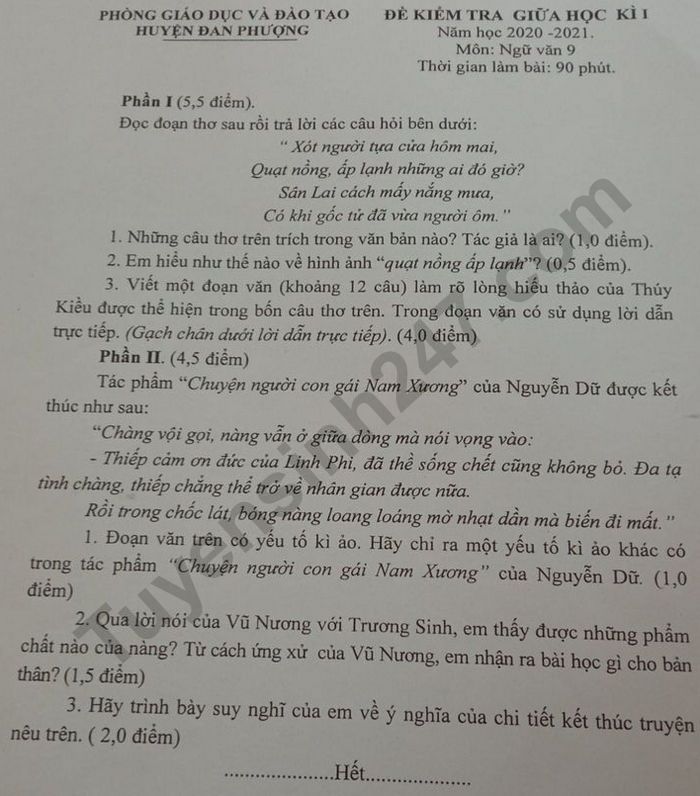 Đề kiểm tra giữa HK1  Văn lớp 9 Phòng GD Đan Phượng năm 2020