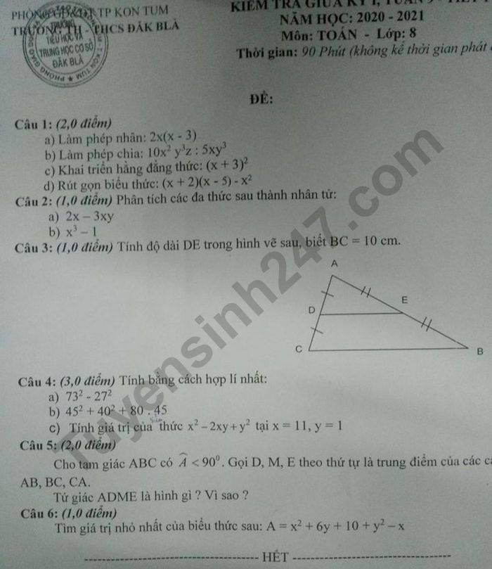 Đề kiểm tra giữa HK1 năm 2020 Toán lớp 8 THCS Đắk BLà 