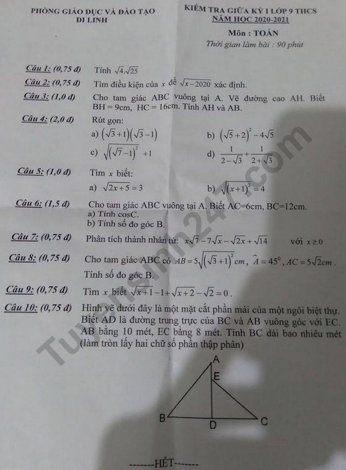 Đề kiểm tra giữa HK1 Phòng GD Di Linh năm 2020 Toán lớp 9 