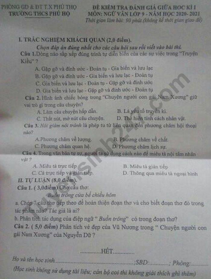 Đề kiểm tra giữa HK1 năm 2020 THCS Phú Hộ môn Văn lớp 9 