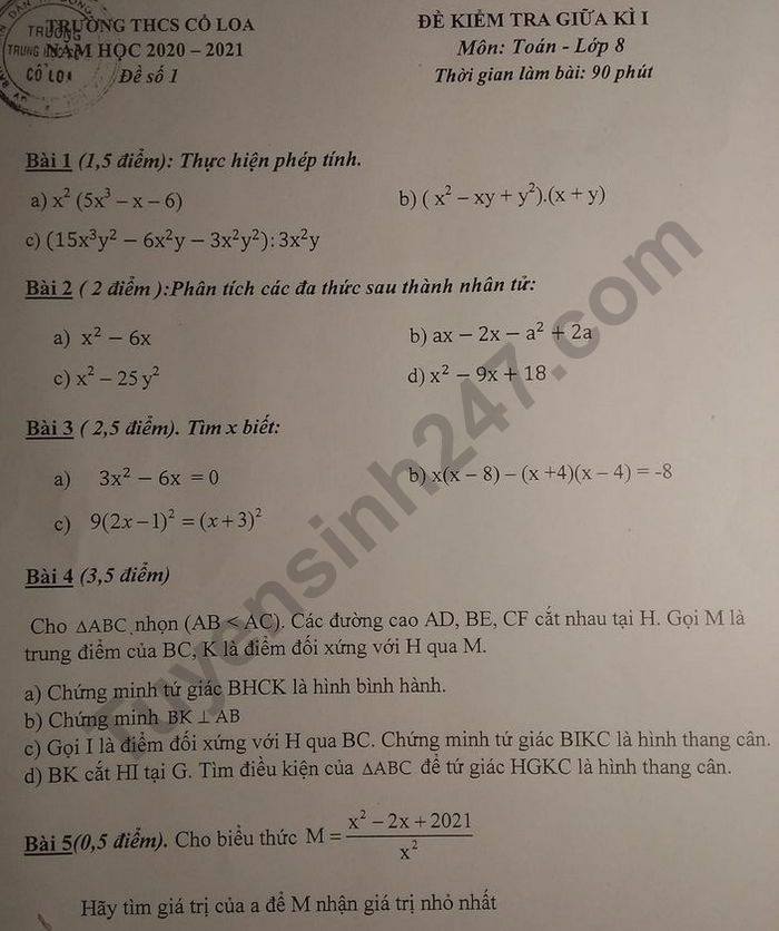 Đề kiểm tra giữa HK1 Toán lớp 8 năm 2020 THCS Cổ Loa 