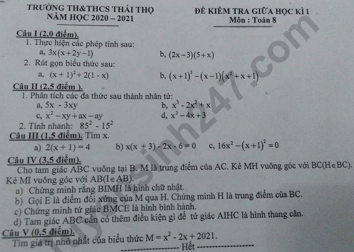 Đề kiểm tra giữa HK1 Toán lớp 8 TH-THCS Thái Thọ năm 2020