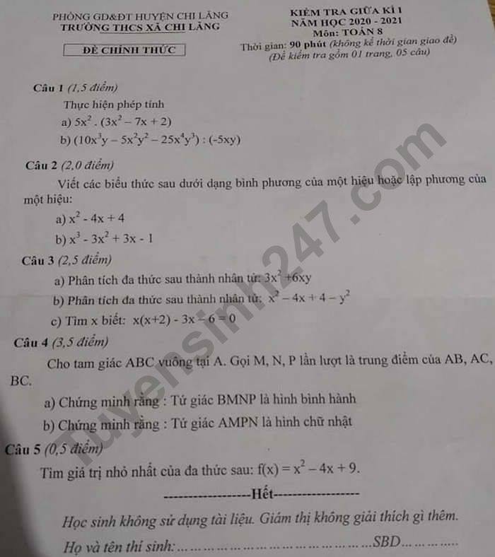 Đề kiểm tra giữa HK1 Toán lớp 8 năm 2020 THCS Xã Chi Lăng