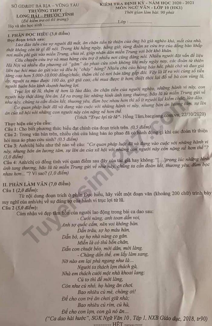 Đề kiểm tra giữa HK1 Văn lớp 10 THPT Long Hải-Phước Tỉnh năm 2020 