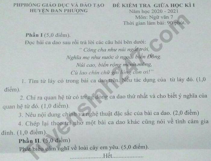 Đề kiểm tra giữa HK1 năm 2020 Văn lớp 7 huyện Đan Phượng 