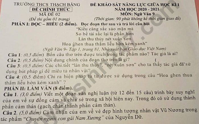 Đề kiểm tra giữa HK1 THCS Thạch Bàn môn Văn lớp 9 năm 2020