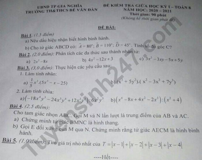 Đề kiểm tra giữa HK1 Toán lớp 8 năm 2020 TH-THCS Bế Văn Đàn