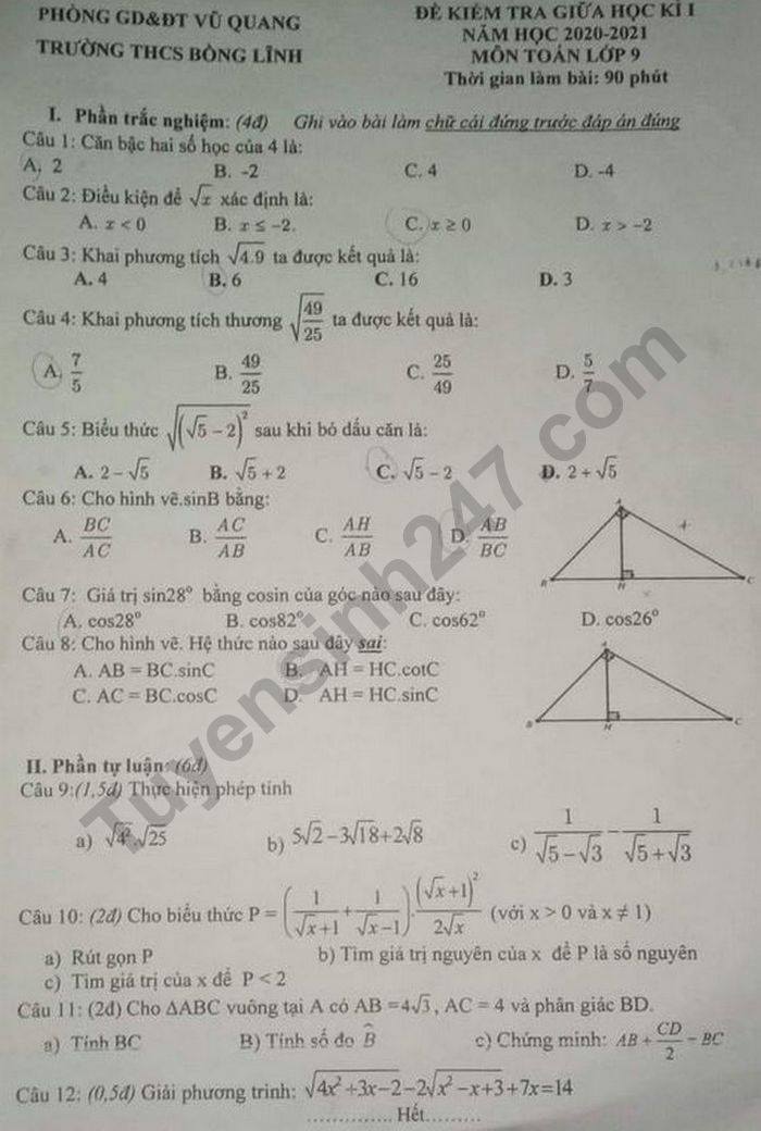 Đề kiểm tra giữa HK1 năm 2020 Toán lớp 9 THCS Bồng Lĩnh 