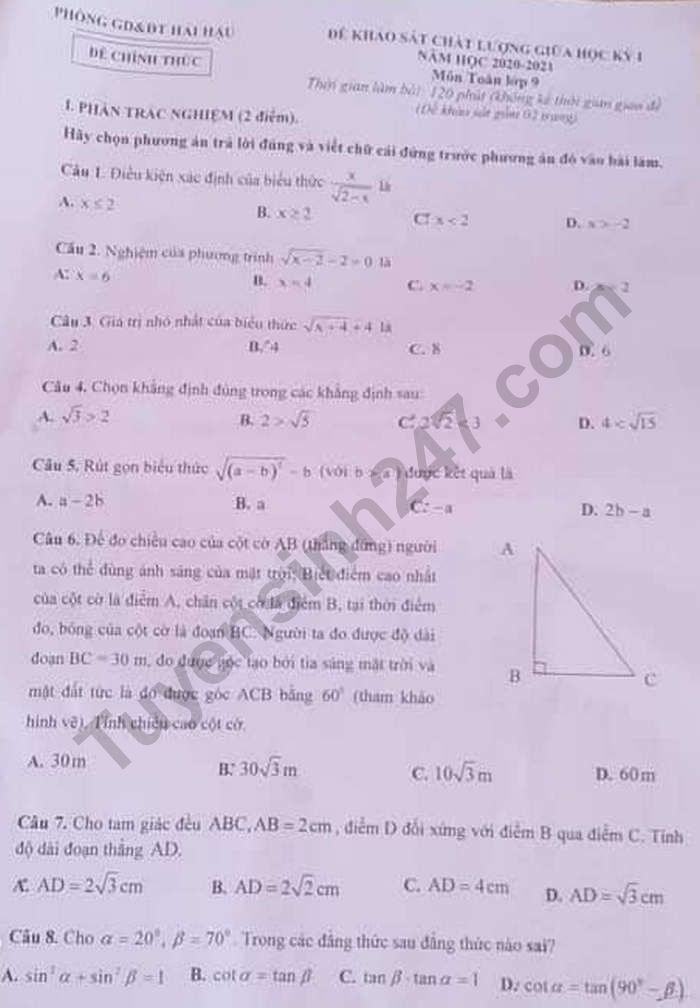 Đề thi giữa học kì 1 môn Toán lớp 9 Phòng GD Hải Hậu năm 2020