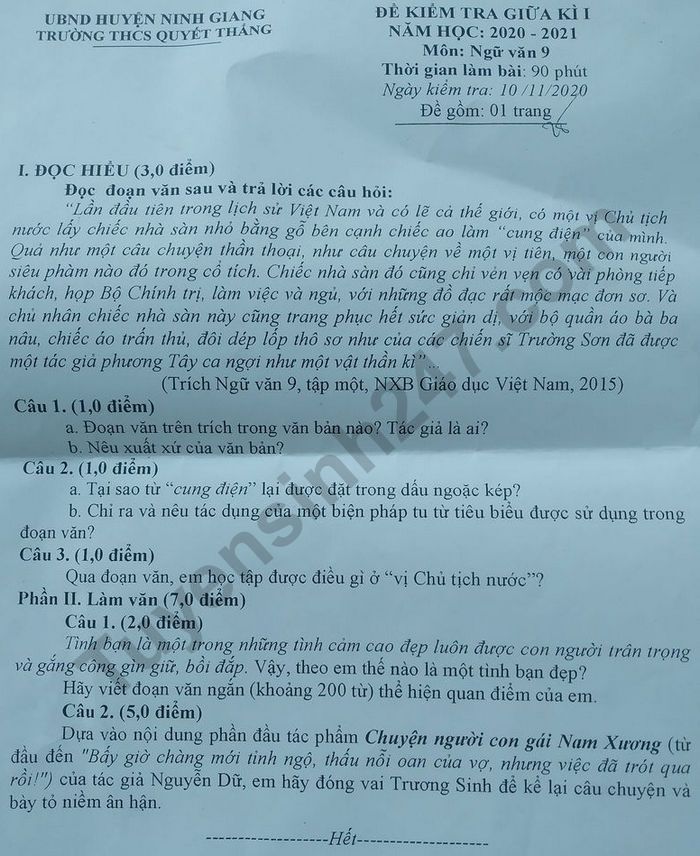 Đề kiểm tra giữa kì 1 THCS Quyết Thắng môn Văn lớp 9 năm 2020