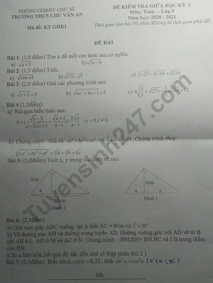 Đề kiểm tra giữa HK1 THCS Chu Văn An môn Toán lớp 9 năm 2020 