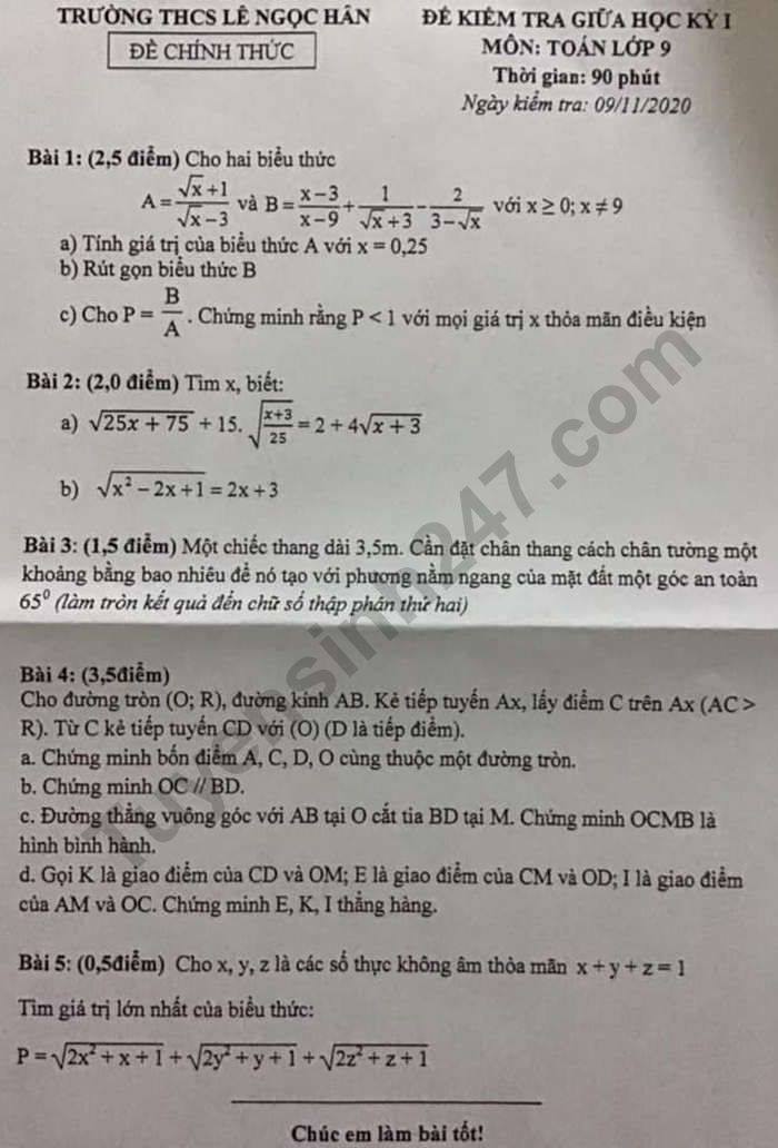 Đề kiểm tra giữa HK1 Toán lớp 9 năm 2020 THCS Lê Ngọc Hân 