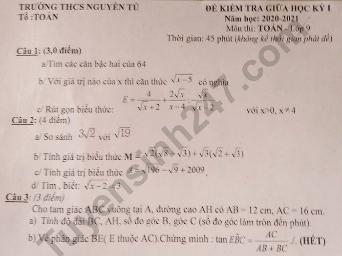 Đề kiểm tra giữa HK1 Toán lớp 9 THCS Nguyễn Tú năm 2020 