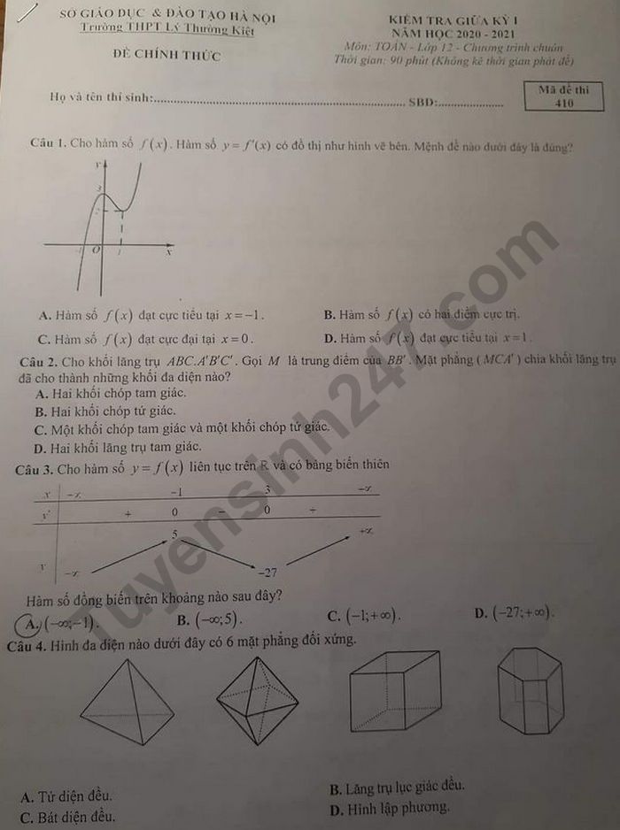 Đề kiểm tra giữa kì 1 năm 2020 lớp 12 môn Toán THPT Lý Thường Kiệt