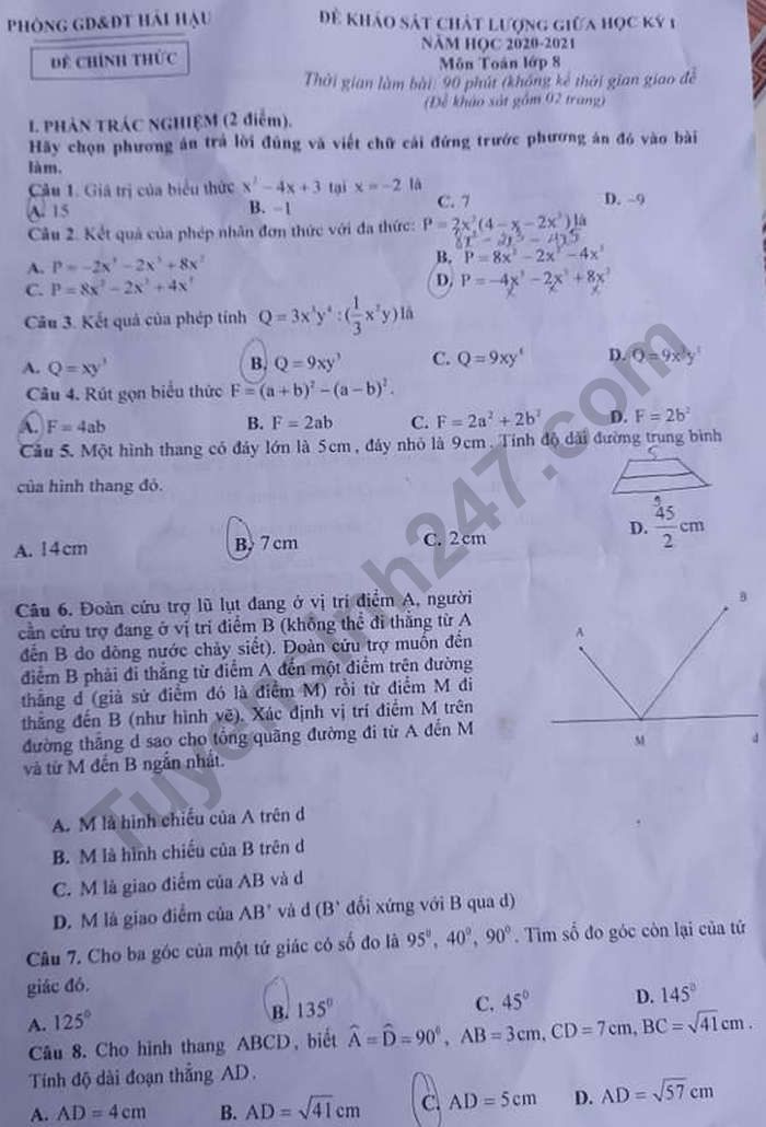 Đề thi giữa học kì 1 Phòng GD Hải Hậu môn Toán lớp 8 năm 2020