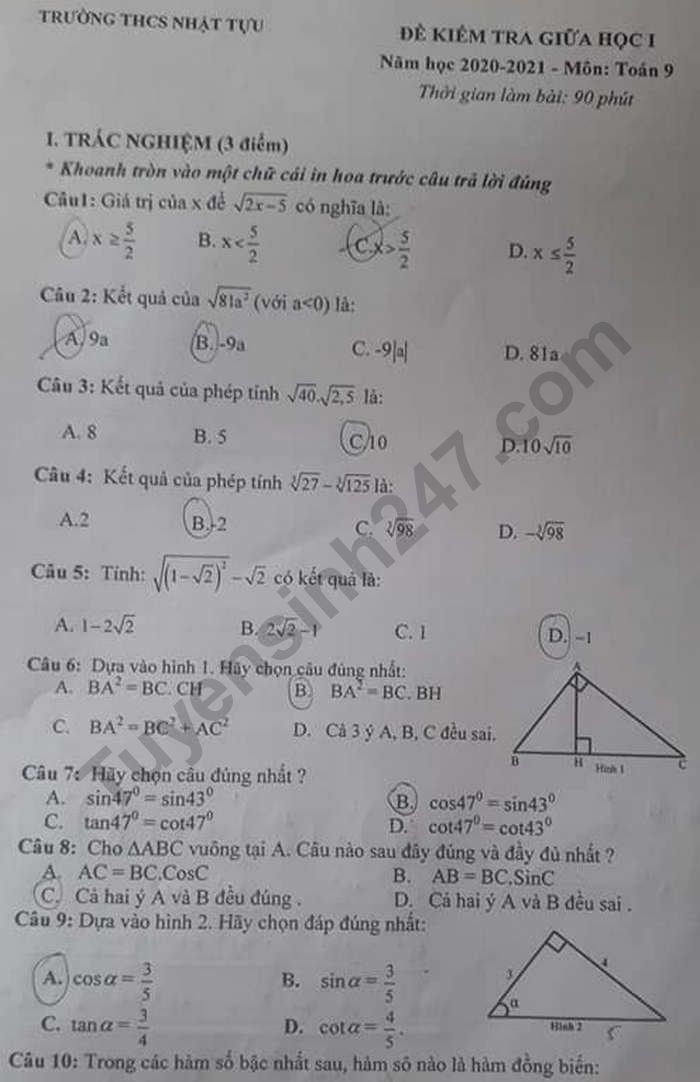 Đề kiểm tra giữa HK1 môn Toán 9 năm 2020 Trường THCS Nhật Tựu
