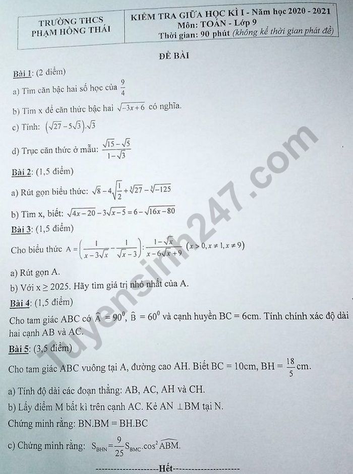 Đề kiểm tra giữa kì 1 môn Toán lớp 9 THCS Phạm Hồng Thái 2020