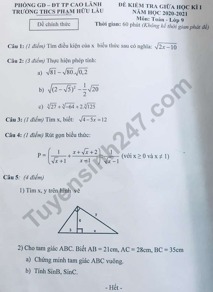 Đề kiểm tra giữa HK1 năm 2020 môn Toán lớp 9 THCS Phạm Hữu Lầu 