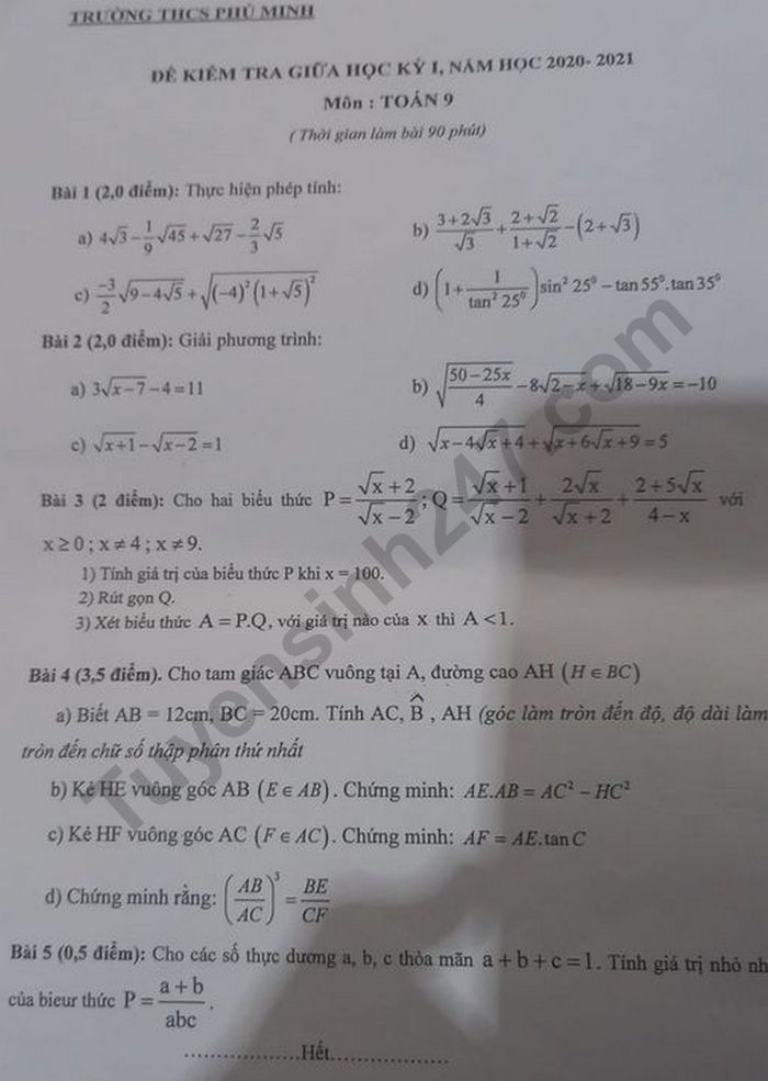 Đề kiểm tra giữa học kì 1 môn Toán lớp 9 THCS Phú Minh năm 2020