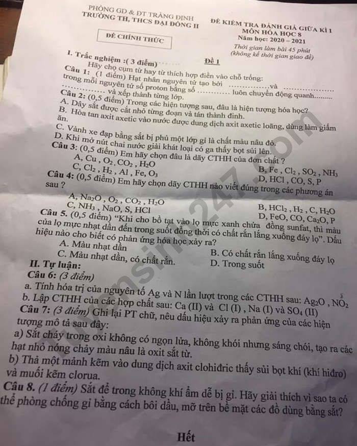 Đề kiểm tra giữa HK1 Hóa lớp 8 năm 2020 TH, THCS Đại Đồng II 