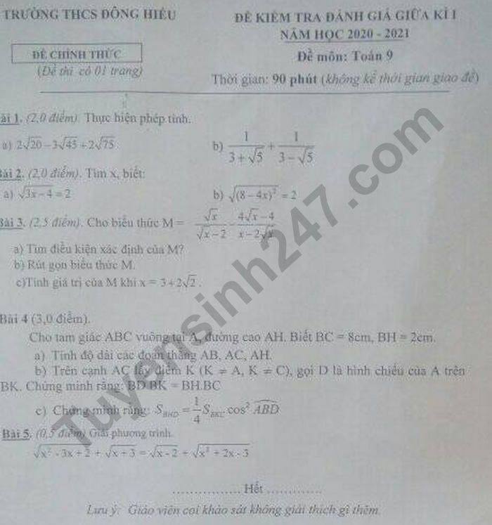 Đề kiểm tra giữa HK1 năm 2020 THCS Đông Hiếu môn Toán lớp 9