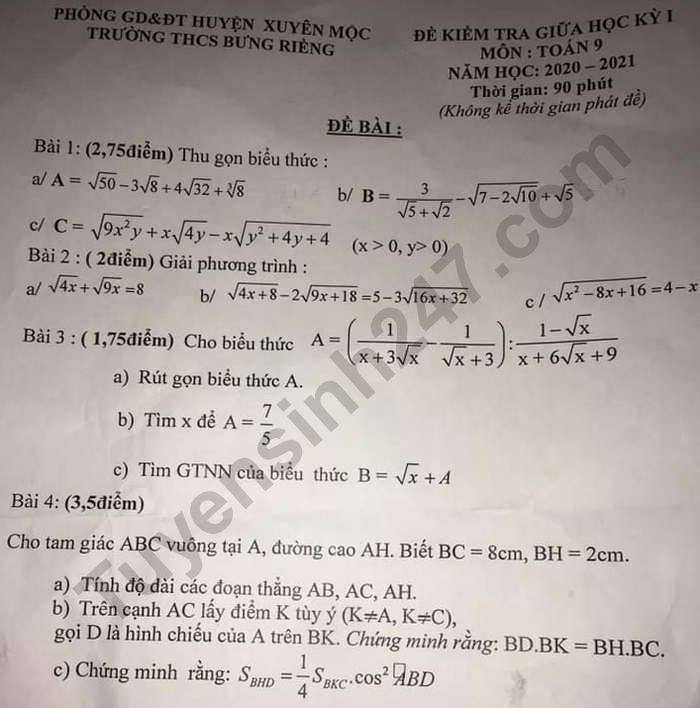 Đề kiểm tra giữa kì 1 lớp 9 môn Toán - THCS Bưng Riềng 2020