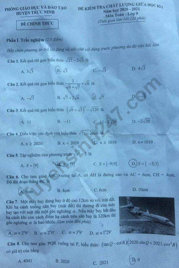 Đề kiểm tra giữa học kì 1 lớp 9 môn Toán huyện Trực Ninh năm 2020