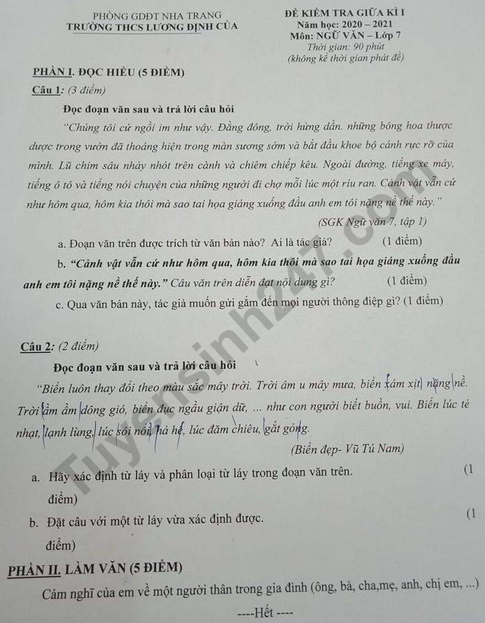 Đề kiểm tra giữa học kì 1 lớp 7 môn Văn THCS Lương Định Của 2020