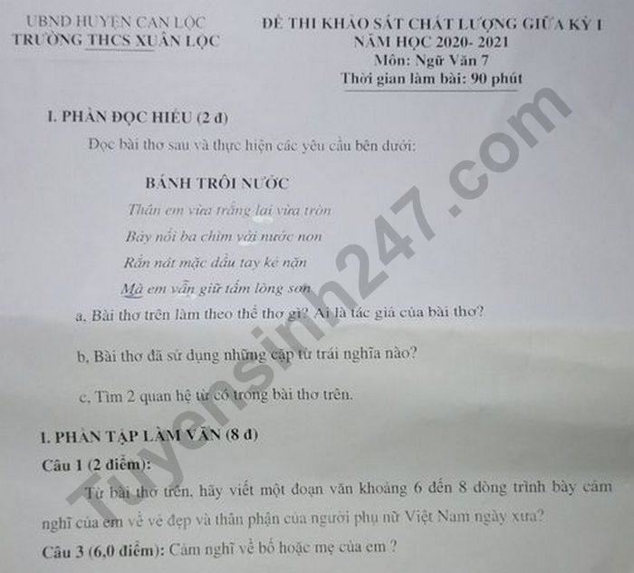 Đề thi giữa kì 1 Trường THCS Xuân Lộc môn Văn lớp 7 năm 2020