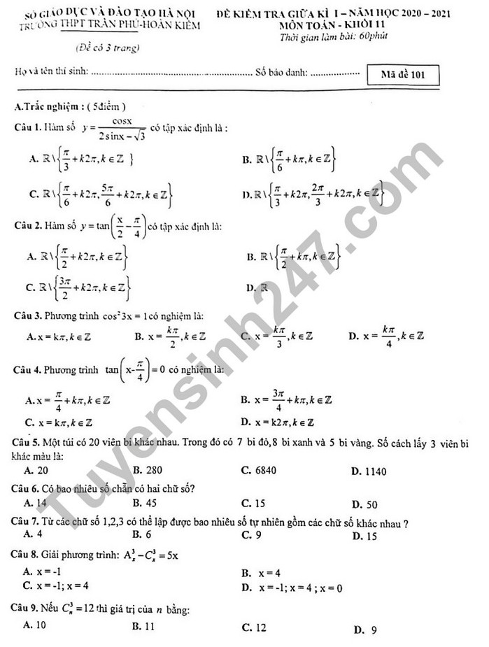 Đề kiểm tra giữa HK1 Toán lớp 11 năm 2020 THPT Trần Phú 