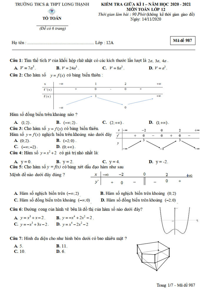 Đề kiểm tra giữa HK1 Toán lớp 12 năm 2020 THPT Long Thạnh 