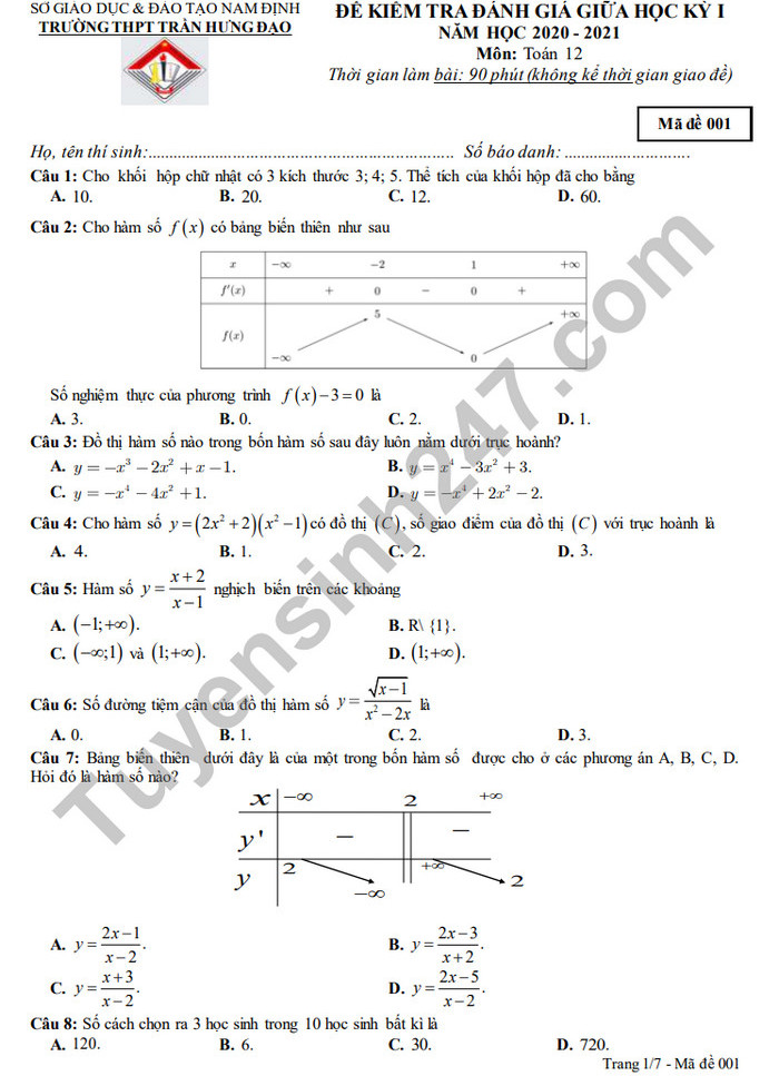 Đề kiểm tra giữa HK1 năm 2020 THPT Trần Hưng Đạo Toán lớp 12