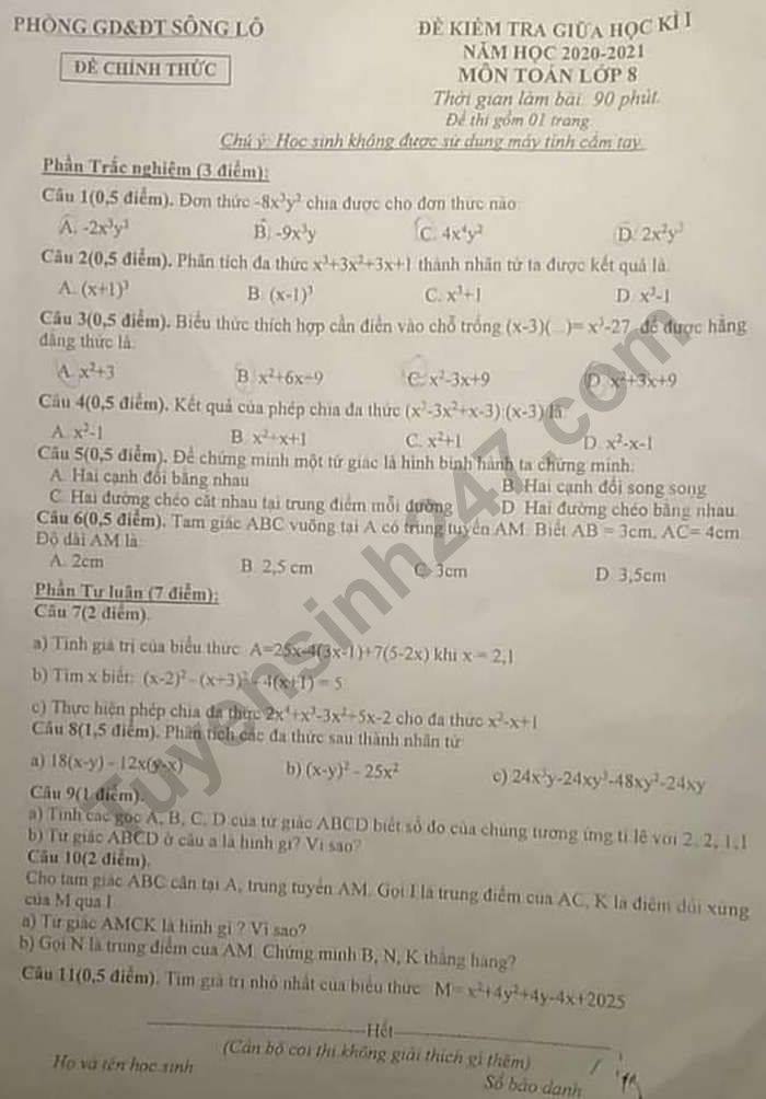 Đề kiểm tra giữa HK1 Toán lớp 8 năm 2020 Phòng GD Sông Lô 