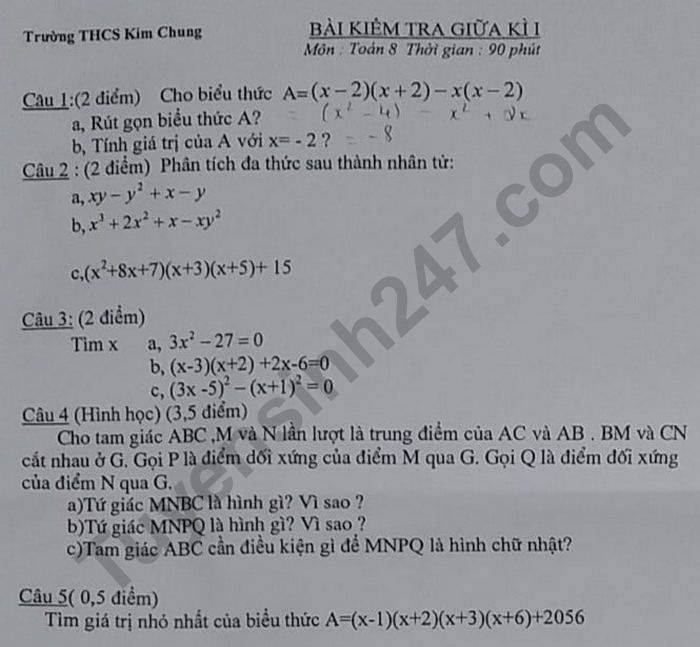 Đề kiểm tra giữa HK1 Toán lớp 8 năm 2020 THCS Kim Chung