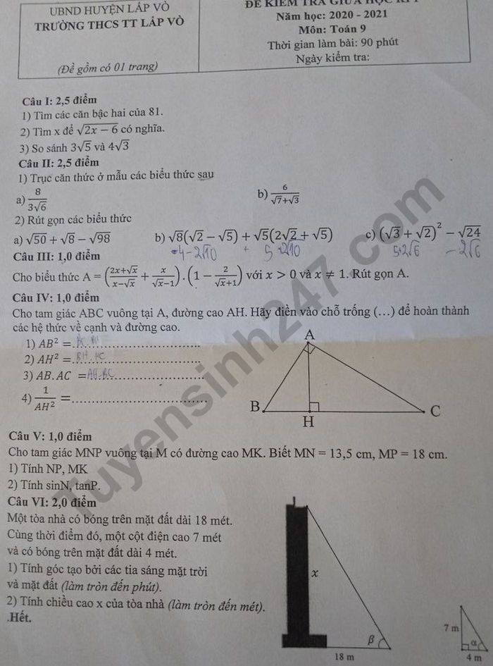 Đề kiểm tra giữa HK1 Toán lớp 9 năm 2020 THCS TT Lấp Vò