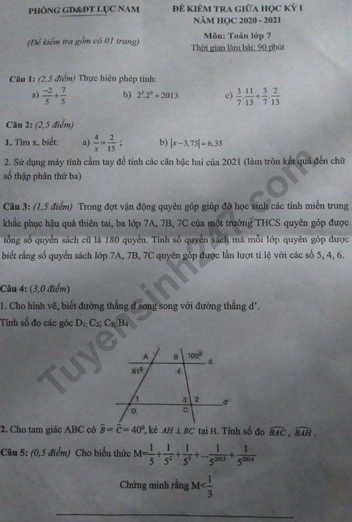 Đề kiểm tra giữa HK1 Toán lớp 8 năm 2020 Phòng GD Lục Nam 