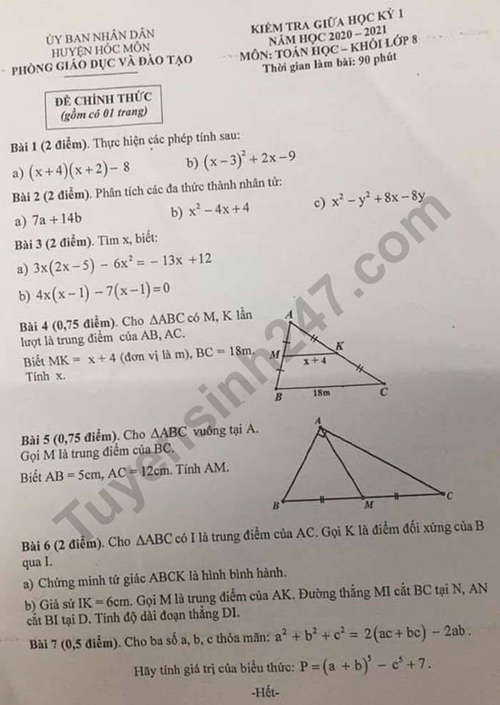 Đề kiểm tra giữa HK1 Toán lớp 8 năm 2020 Phòng GD huyện Hóc Môn 