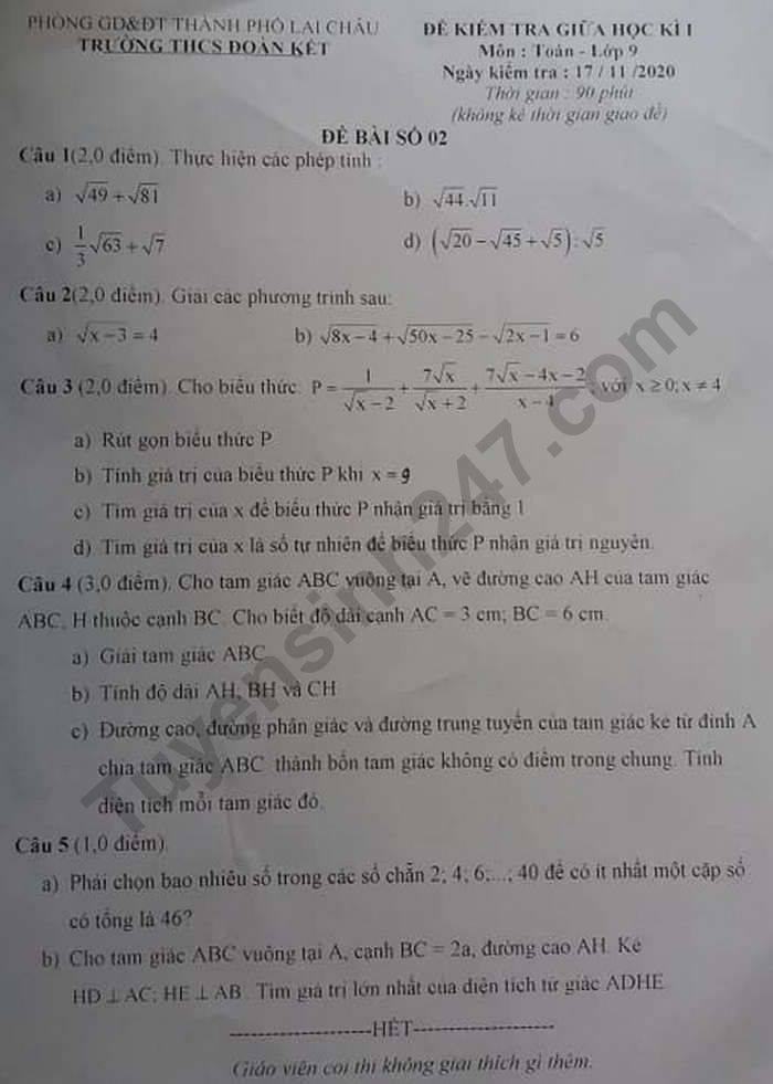 Đề kiểm tra giữa HK1 Toán lớp 9 năm 2020 THCS Đoàn Kết 
