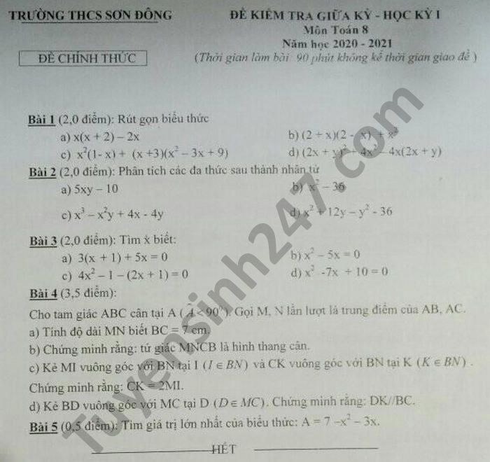 Đề kiểm tra giữa HK1 năm 2020 Toán lớp 8 THCS Sơn Động 