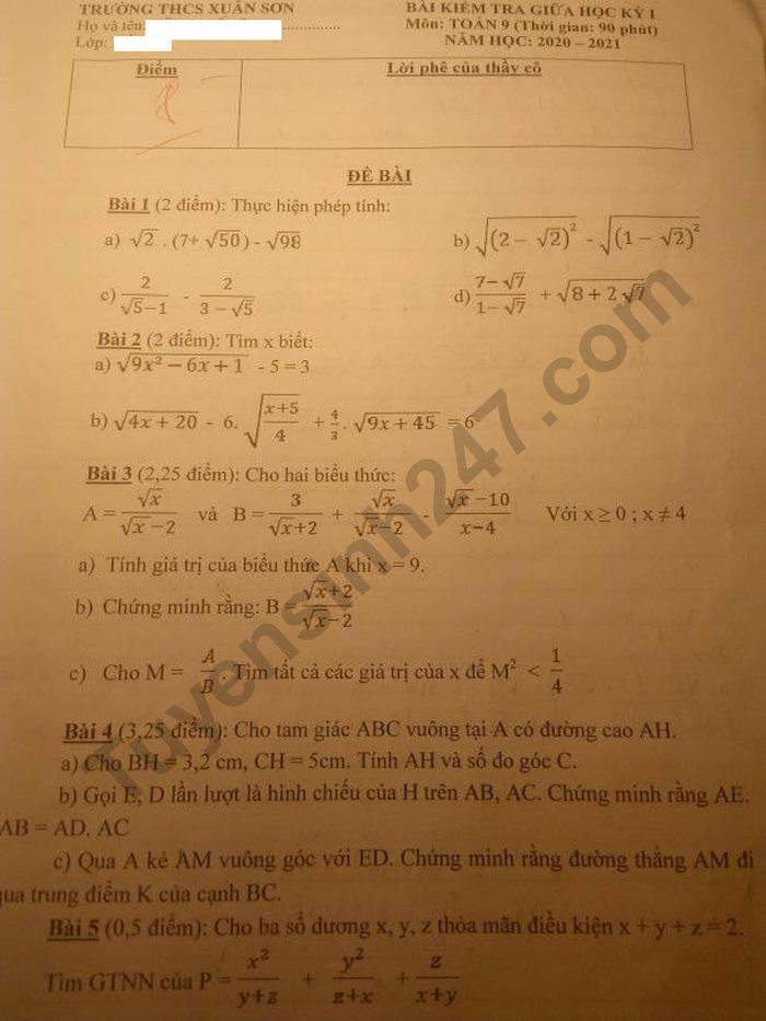 Đề kiểm tra giữa HK1 Toán lớp 9 năm 2020 THCS Xuân Sơn
