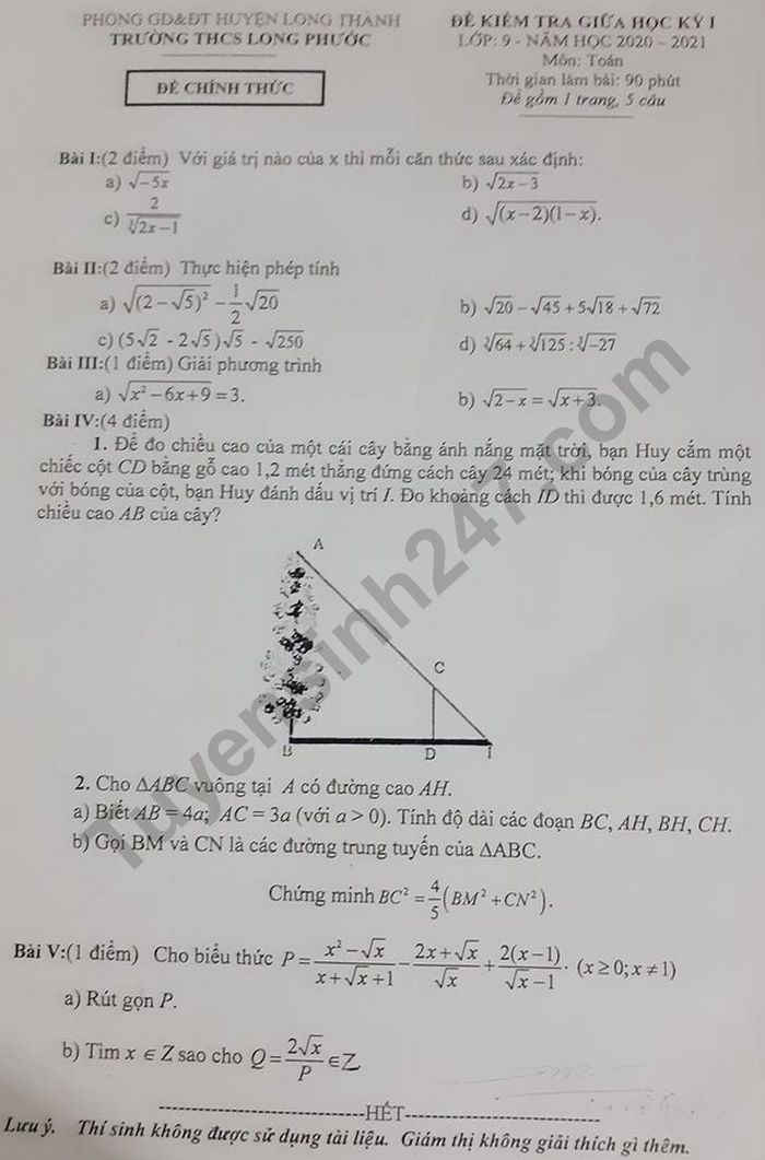Đề kiểm tra giữa HK1 lớp 9 môn Toán THCS Long Phước năm 2020