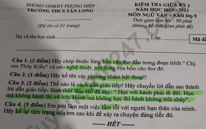 Đề kiểm tra giữa học kì 1 lớp 9 môn Văn - THCS Tân Long 2020