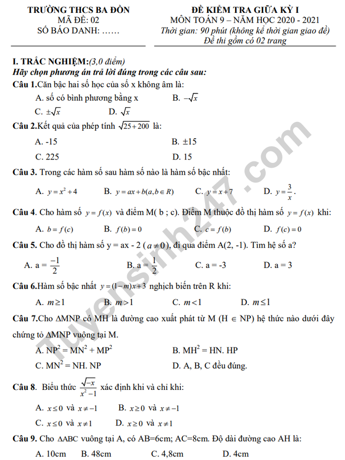 Đề kiểm tra giữa HK1 môn Toán lớp 9 THCS Ba Đồn năm 2020