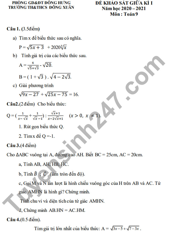 Đề kiểm tra giữa HK1 năm 2020 TH-THCS Đông Xuân Toán lớp 9