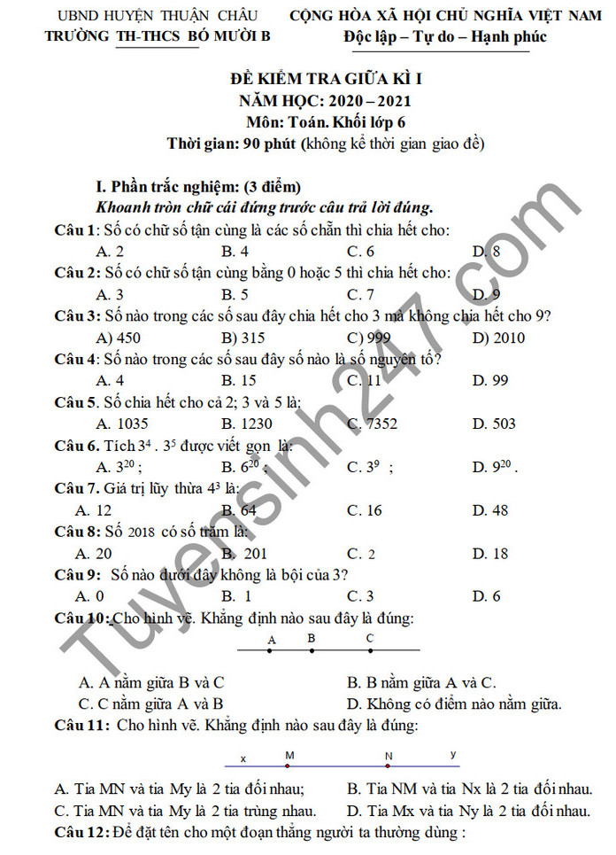 Đề kiểm tra giữa HK1 Toán lớp 6 năm 2020 TH-THCS Bó Mười B 