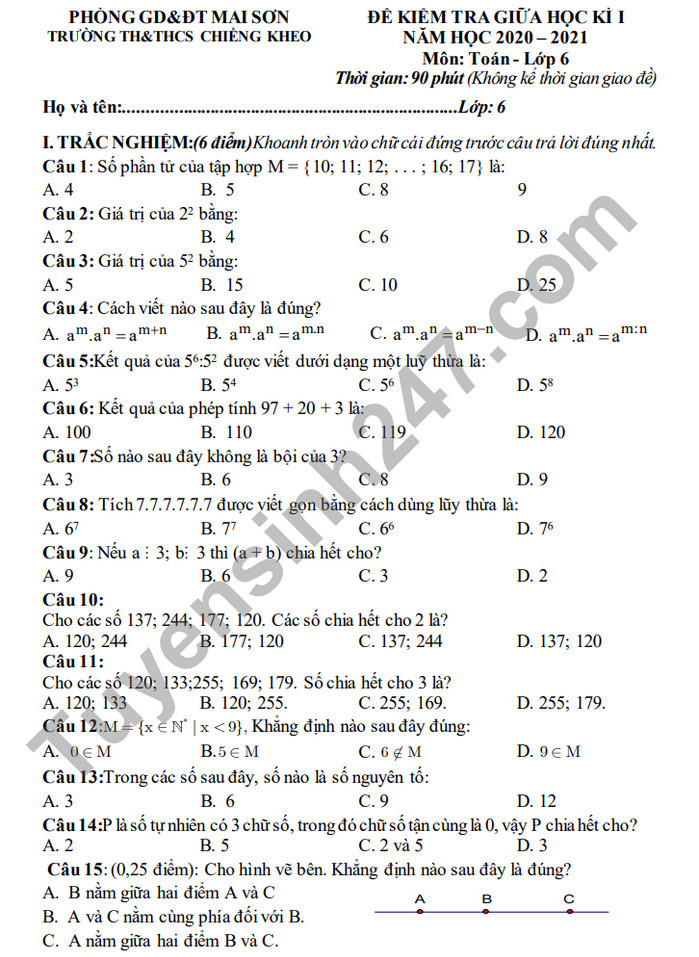 Đề kiểm tra giữa HK1 Toán lớp 6 năm 2020 TH&THCS Chiềng Kheo 